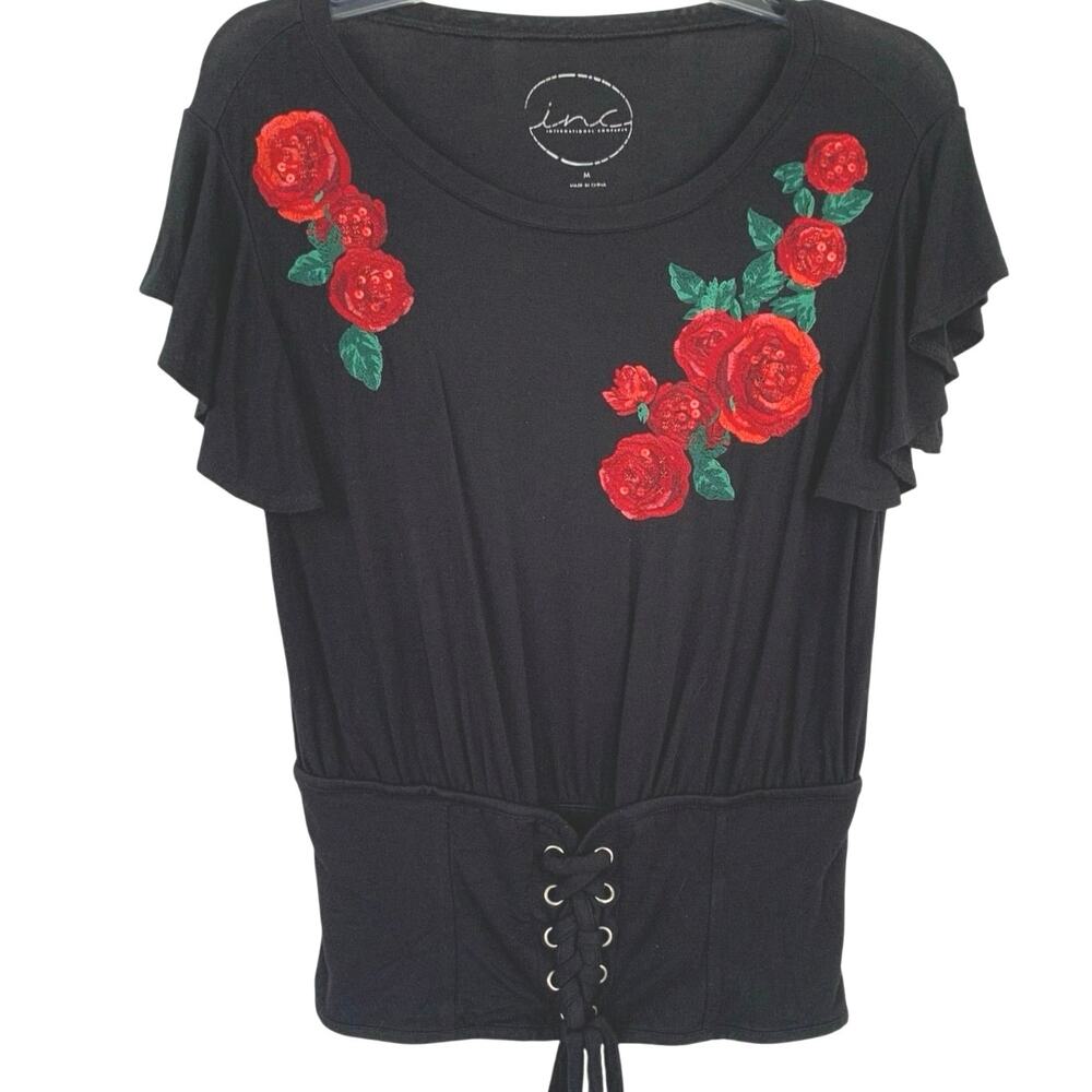 INC Y2K Rose Top Black Lace Up Flutter Sleeve Grunge Medium